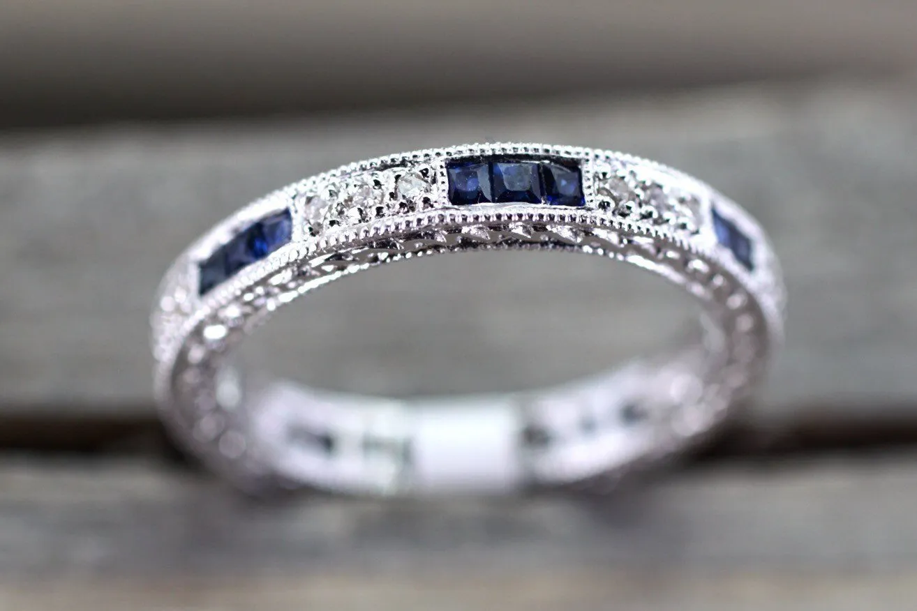 14k White Gold Diamond Sapphire Eternity Vintage Wedding Engagement Promise