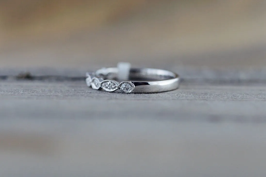 14k White Gold Diamond Vintage Milgrain Etch Etching Ring Antique Half Filigree Dainty Band