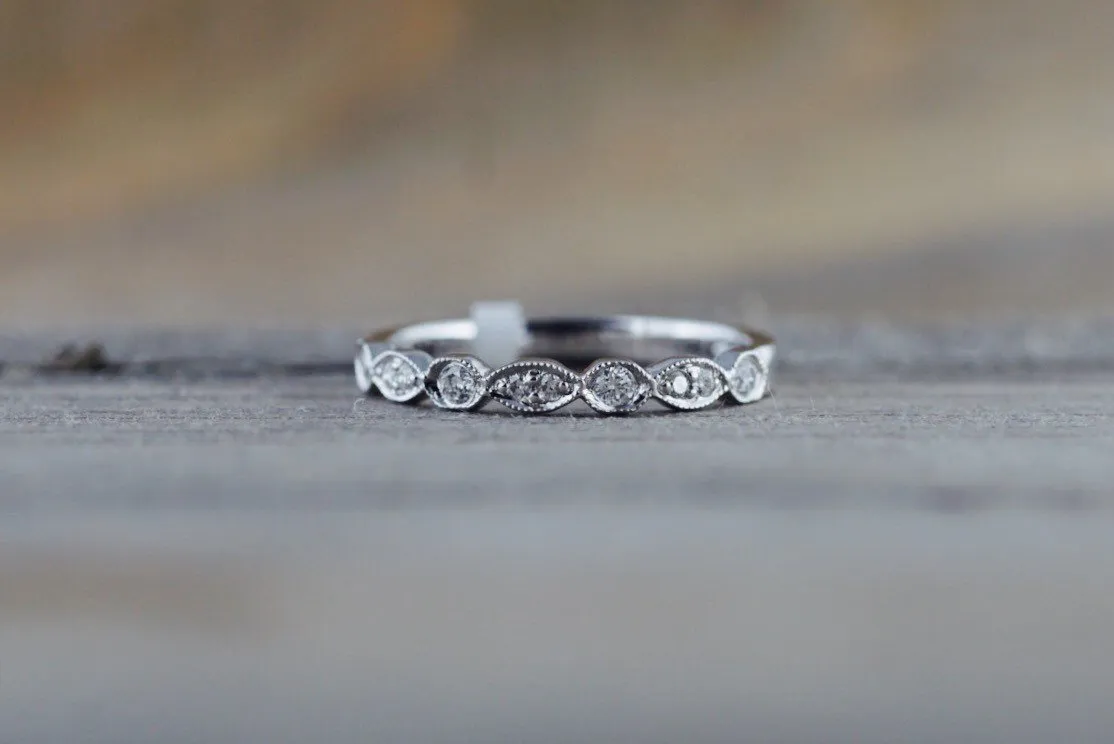 14k White Gold Diamond Vintage Milgrain Etch Etching Ring Antique Half Filigree Dainty Band