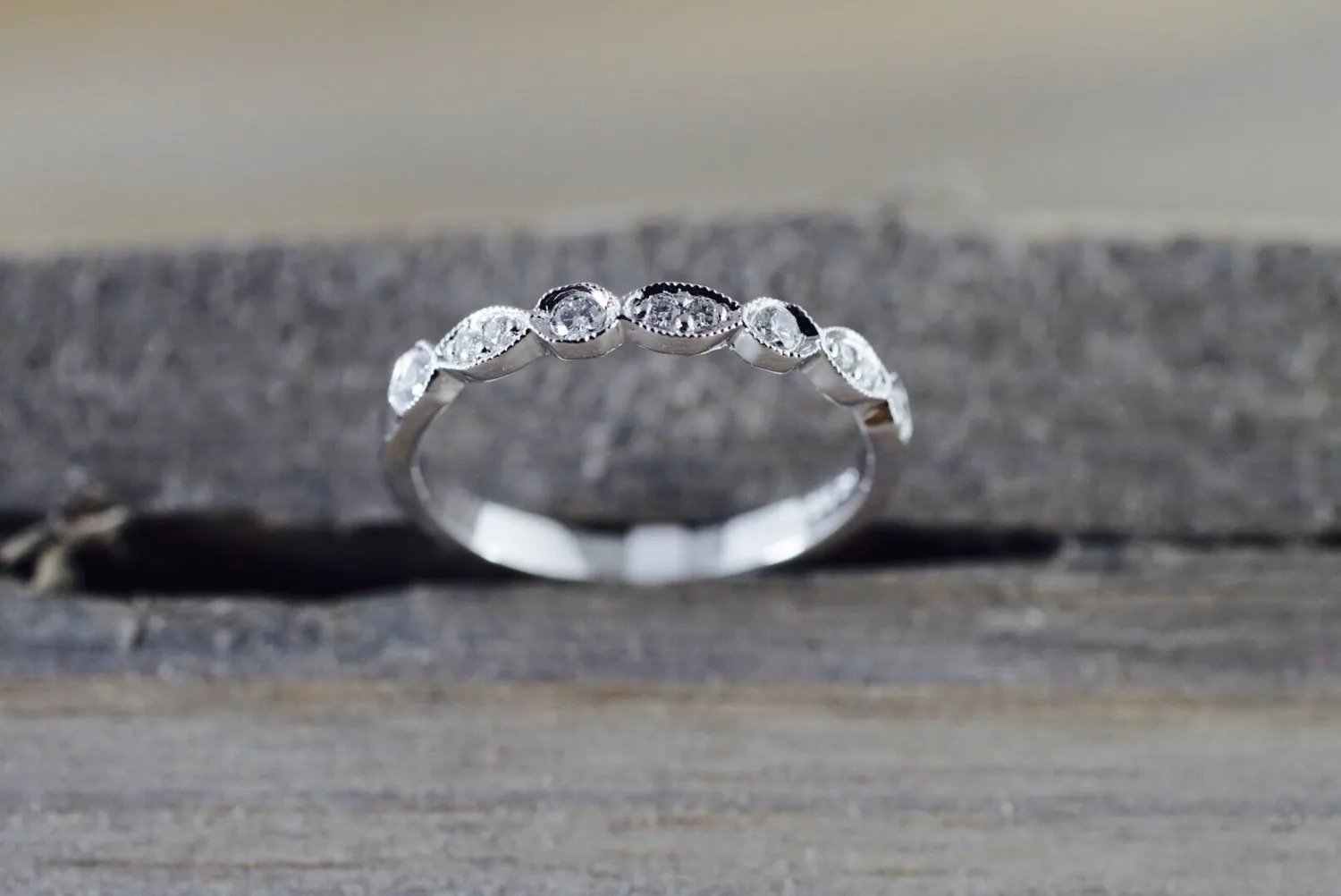 14k White Gold Diamond Vintage Milgrain Etch Etching Ring Antique Half Filigree Dainty Band