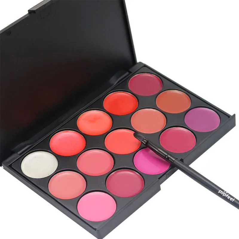 15 Colors Lip Gloss Lipstick Palette Cosmetic Makeup Kit Set With Lip Brush Includes Matte Shimmer Lip Colors Lipstick SM6