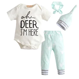 4Pcs Newborn Deer Tops Pants Headband Hat Outfit