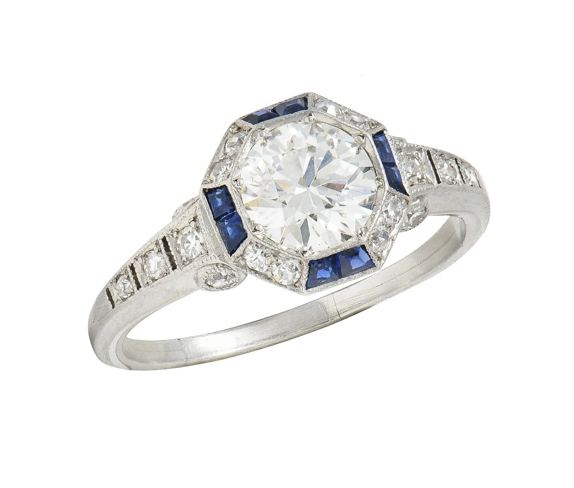 Art Deco 1.38 CTW Old European Diamond Sapphire Platinum Vintage Engagement Ring