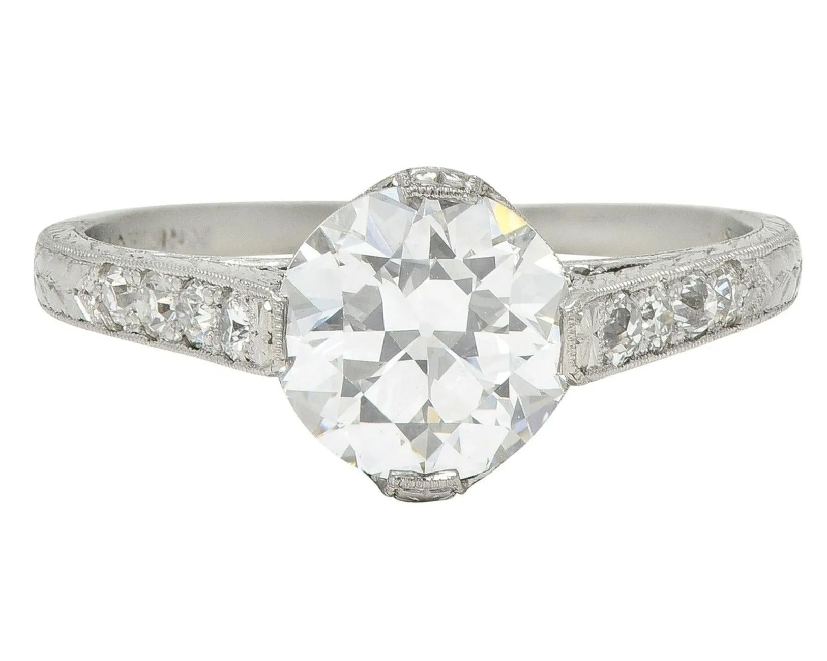 Art Deco 1.75 CTW Old European Cut Diamond Platinum Lotus Vintage Engagement Ring GIA