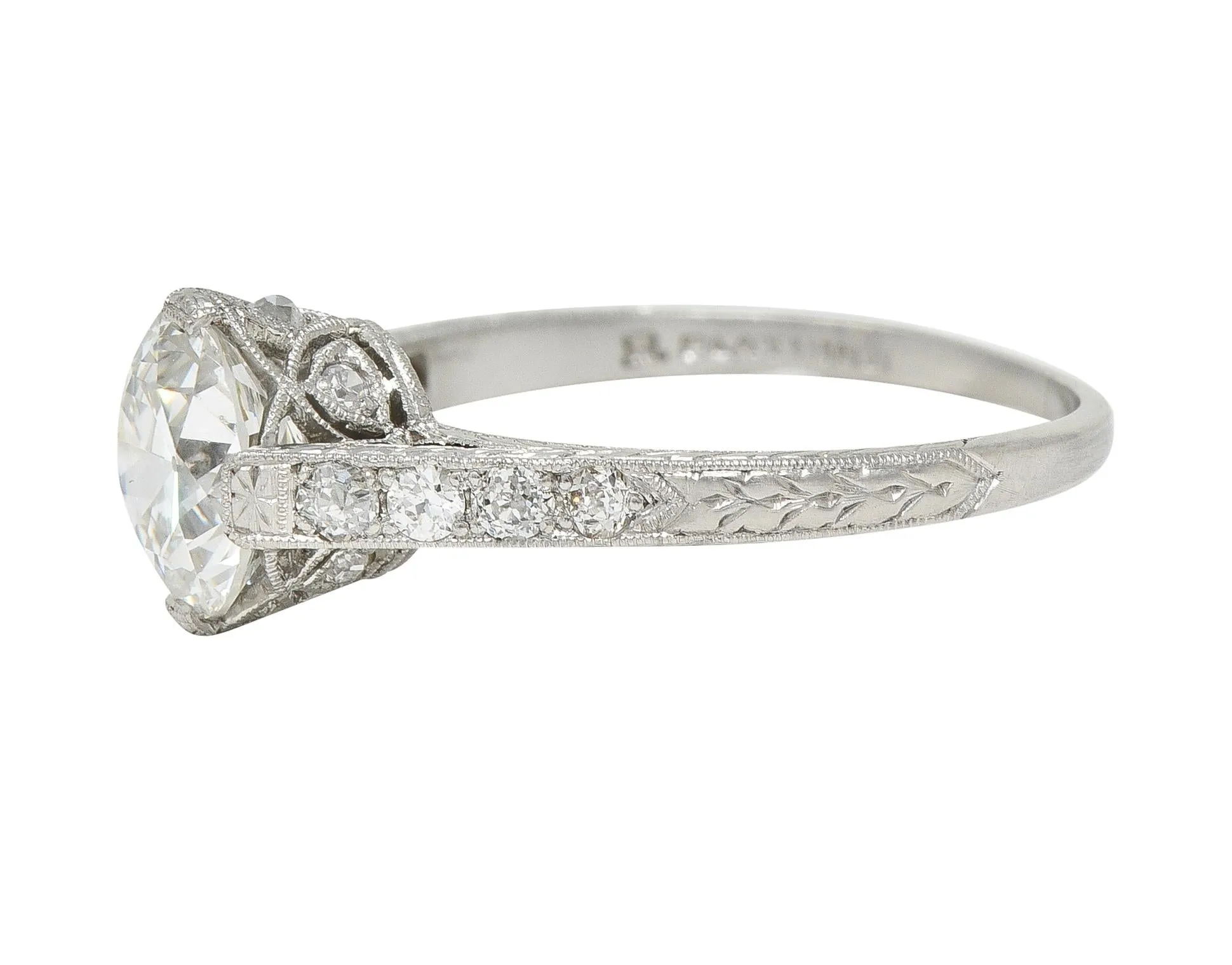 Art Deco 1.75 CTW Old European Cut Diamond Platinum Lotus Vintage Engagement Ring GIA