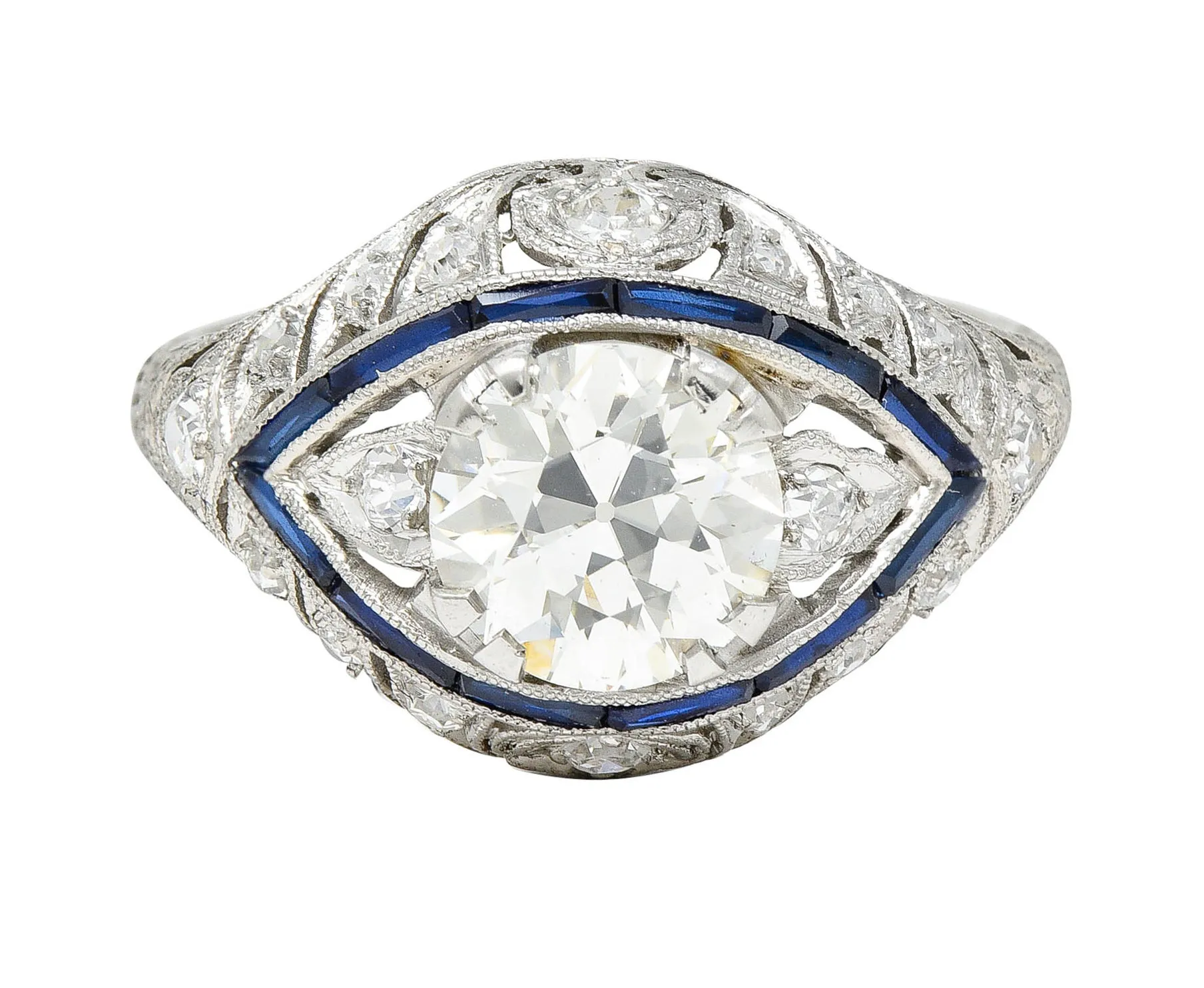 Art Deco 1.80 CTW Old European Cut Diamond Sapphire Platinum Vintage Engagement Ring