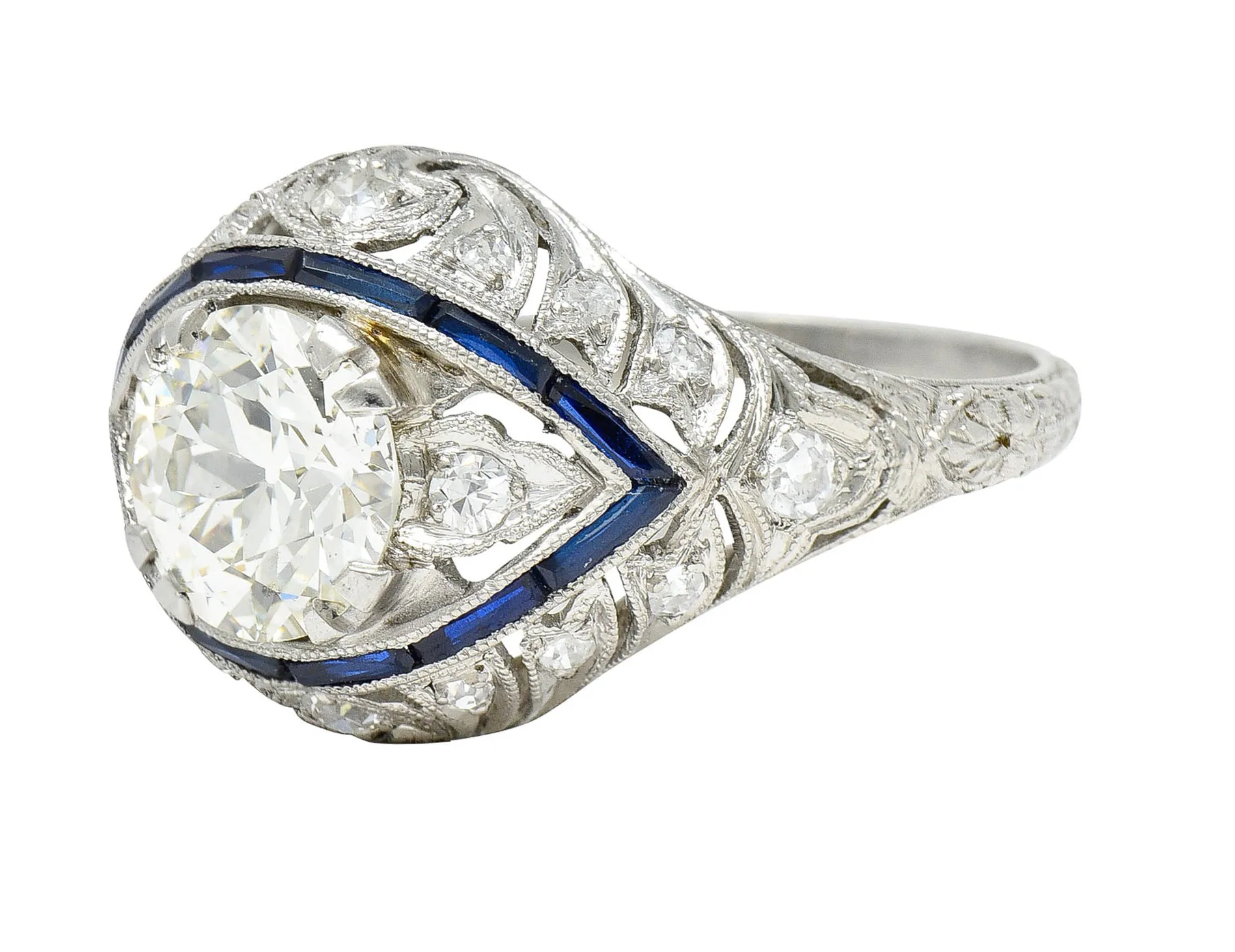 Art Deco 1.80 CTW Old European Cut Diamond Sapphire Platinum Vintage Engagement Ring