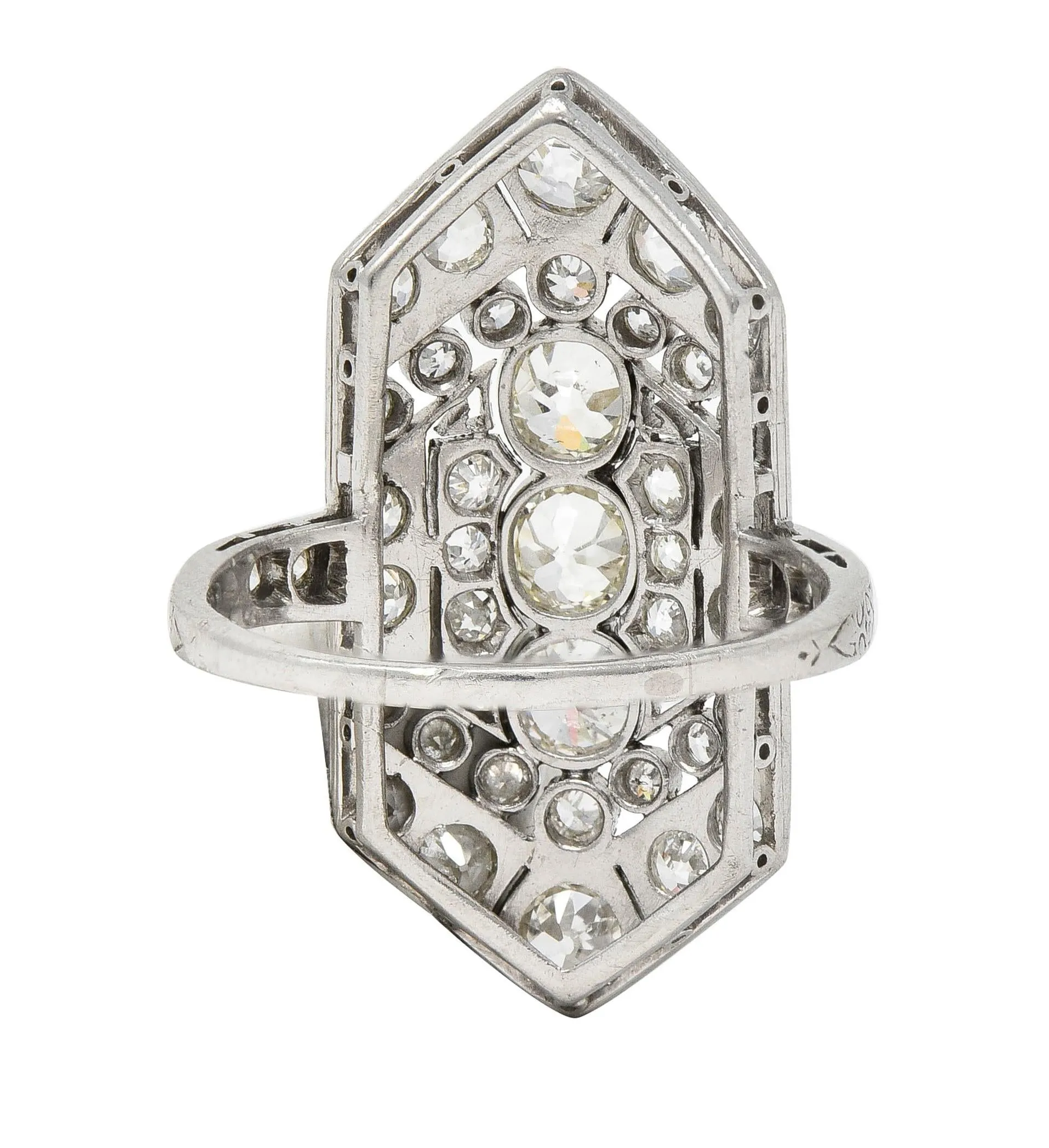 Art Deco 2.12 CTW Diamond Platinum Greek Key Navette Vintage Dinner Ring