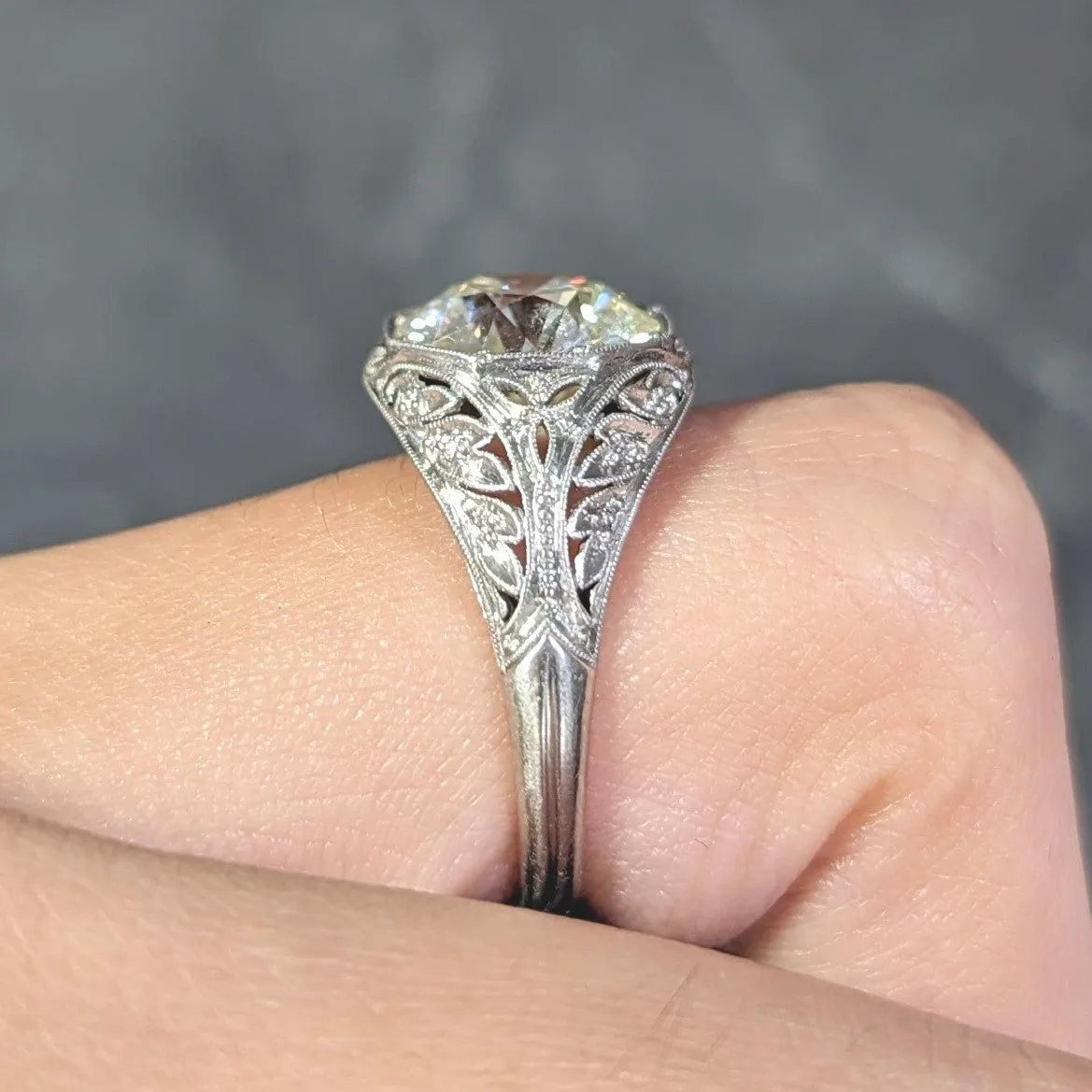 Art Deco 3.03 CTW Old European Cut Diamond Platinum Scrolling Foliate Vintage Engagement Ring GIA