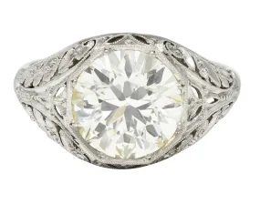 Art Deco 3.03 CTW Old European Cut Diamond Platinum Scrolling Foliate Vintage Engagement Ring GIA