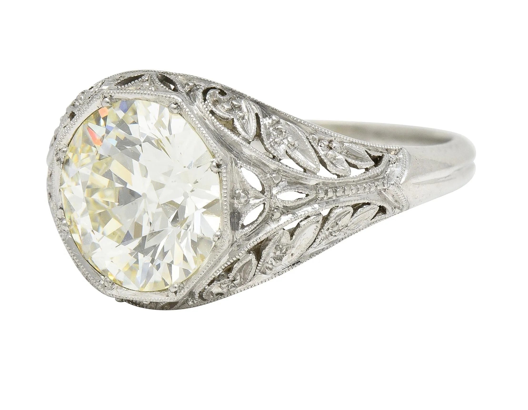 Art Deco 3.03 CTW Old European Cut Diamond Platinum Scrolling Foliate Vintage Engagement Ring GIA