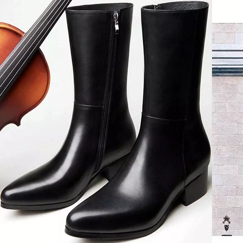 Autumn Winter Mens Genuine Leather Mid Boots Pointed Toe High Heel Zip 5cm Height Increase Warm Chelsea Boots Big Yards 45 46