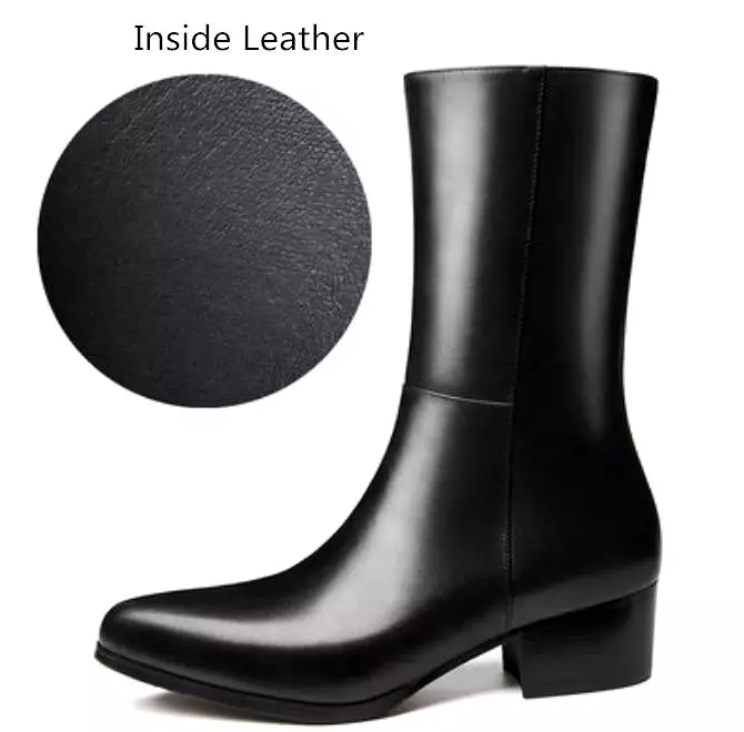 Autumn Winter Mens Genuine Leather Mid Boots Pointed Toe High Heel Zip 5cm Height Increase Warm Chelsea Boots Big Yards 45 46