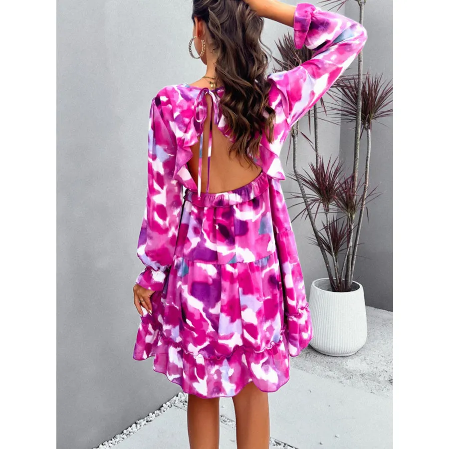 Backless Printed V-Neck Flounce Sleeve Dress