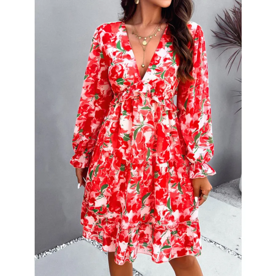 Backless Printed V-Neck Flounce Sleeve Dress