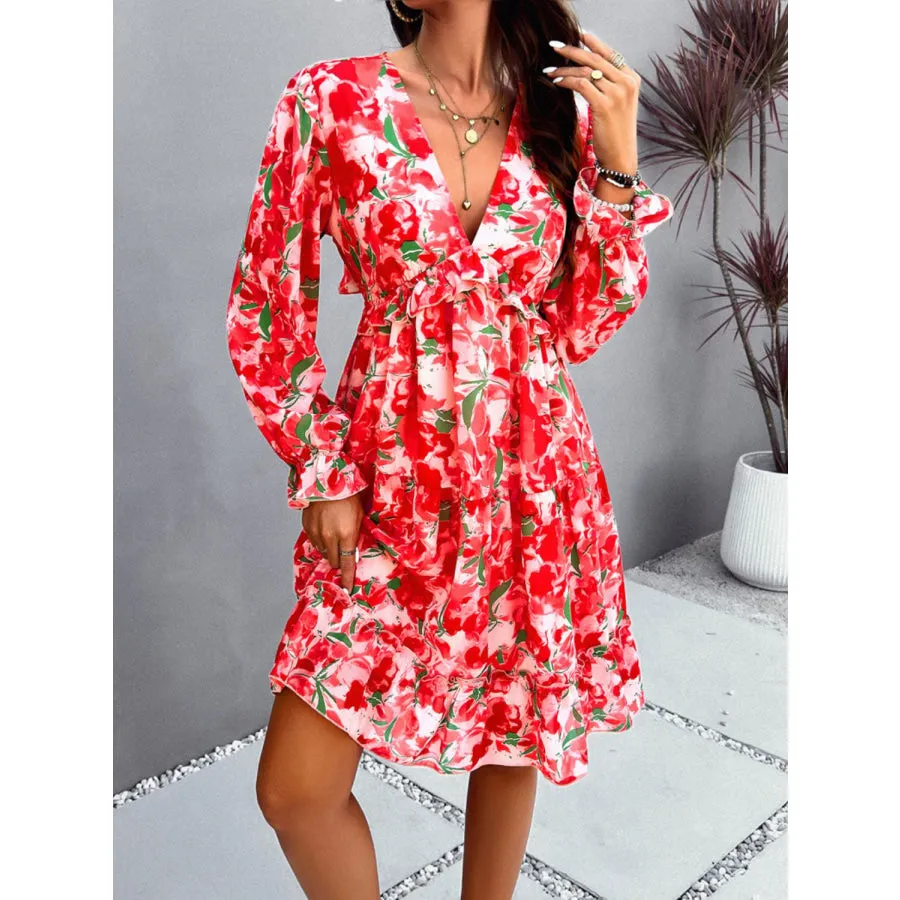 Backless Printed V-Neck Flounce Sleeve Dress