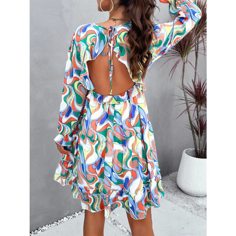 Backless Printed V-Neck Flounce Sleeve Dress