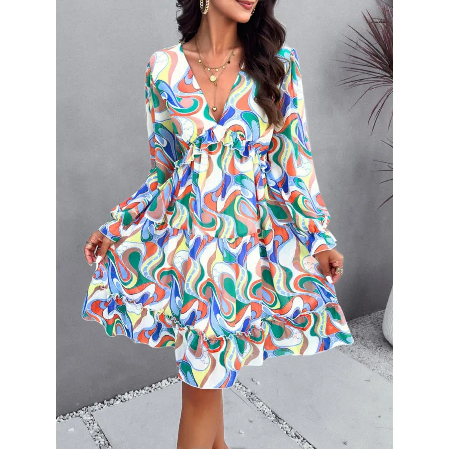 Backless Printed V-Neck Flounce Sleeve Dress