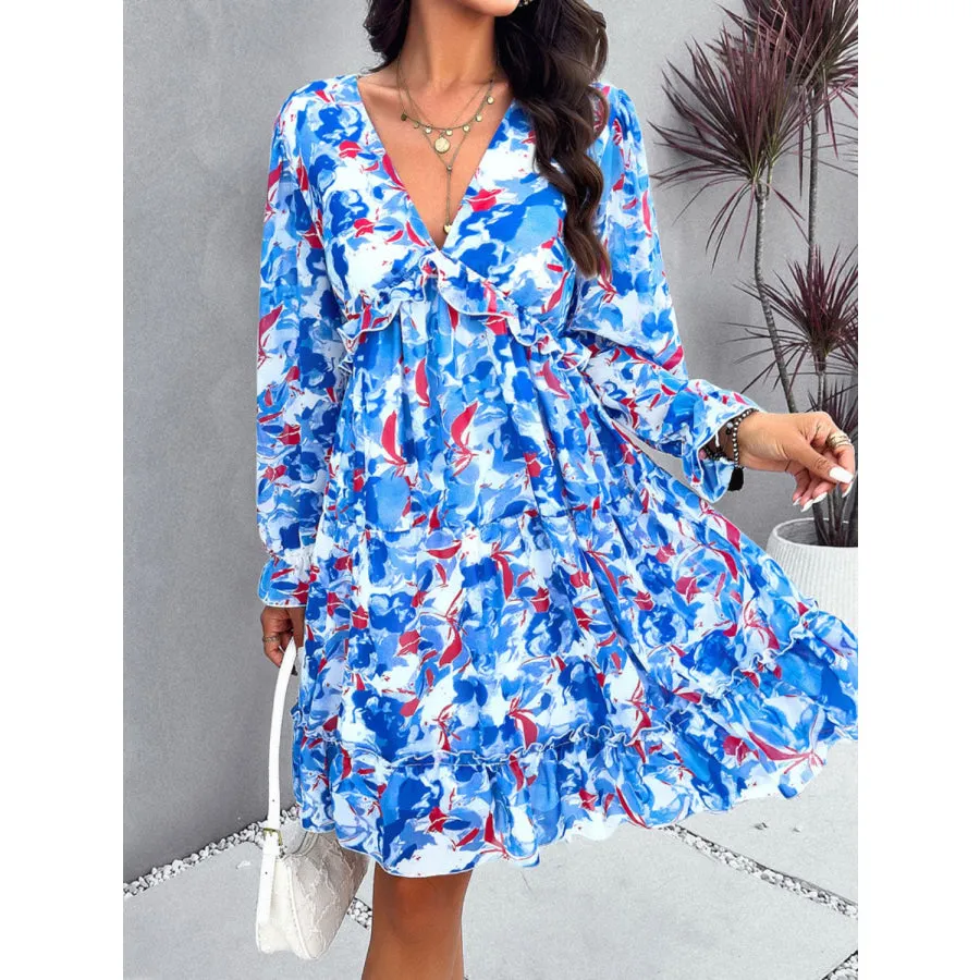 Backless Printed V-Neck Flounce Sleeve Dress