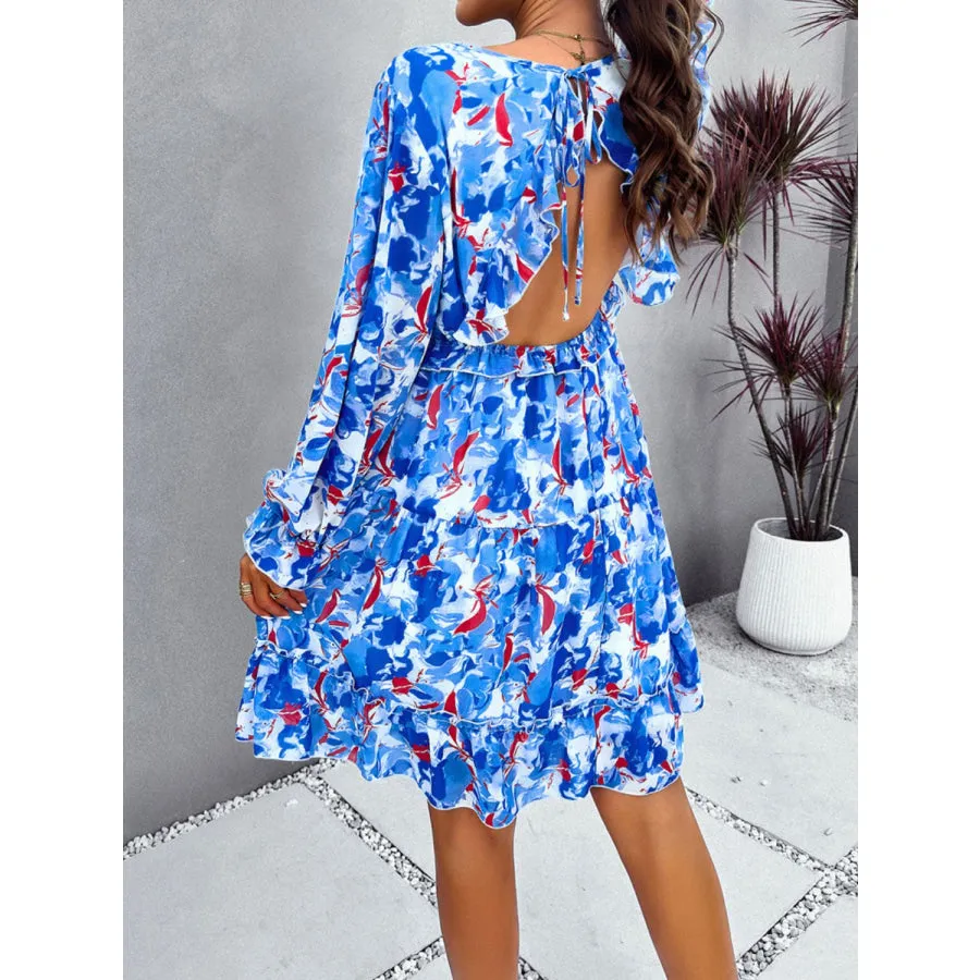 Backless Printed V-Neck Flounce Sleeve Dress