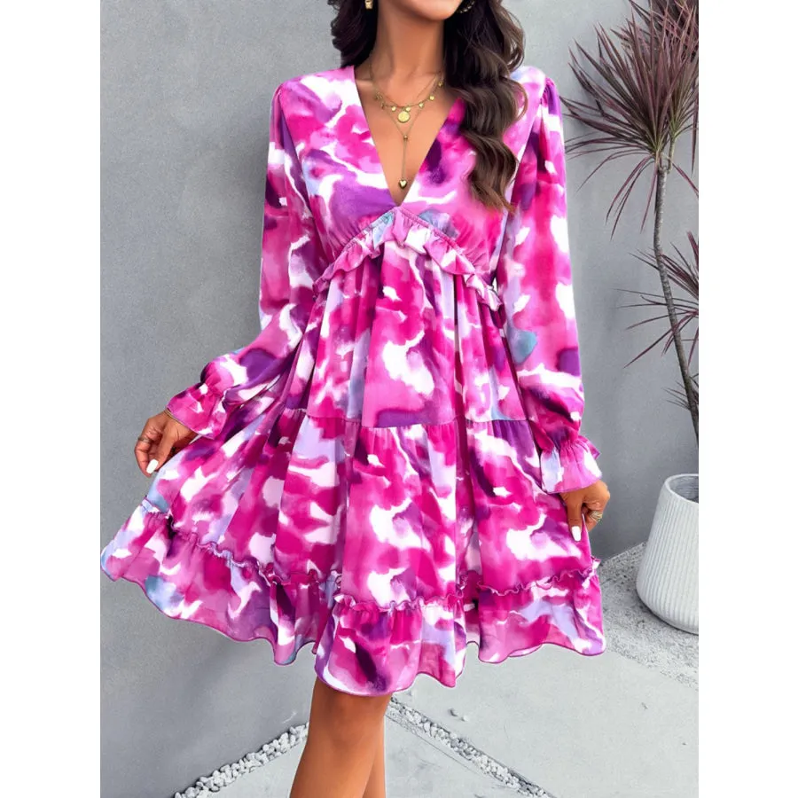 Backless Printed V-Neck Flounce Sleeve Dress