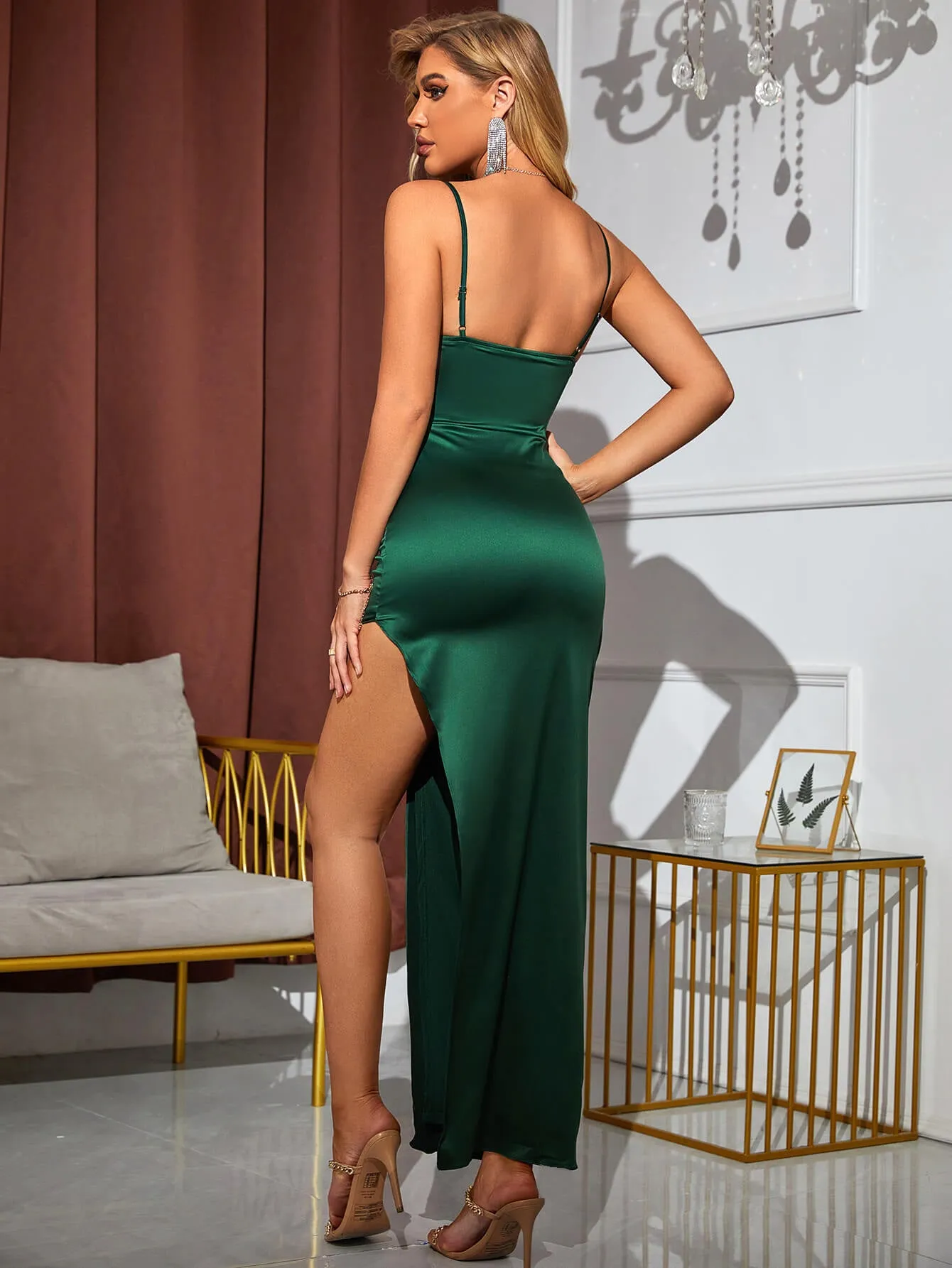 Backless Split Thigh Satin Dress