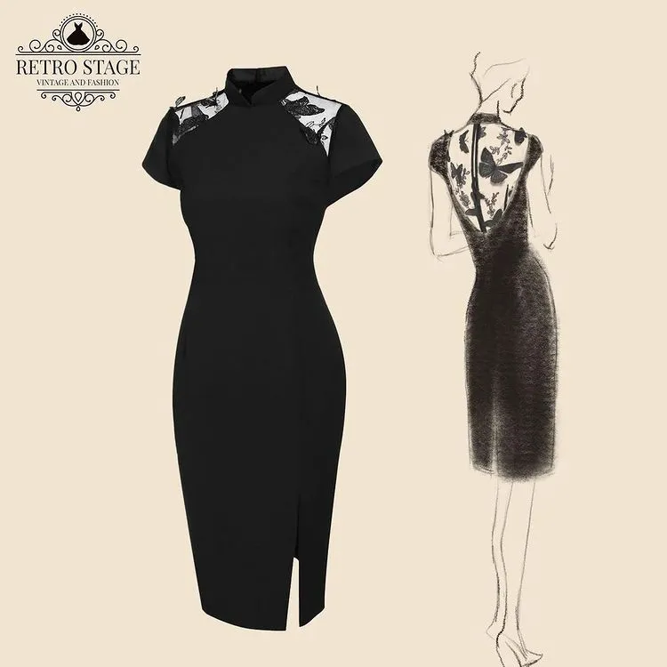 Black 1960s Butterfly Backless Pencil Dress