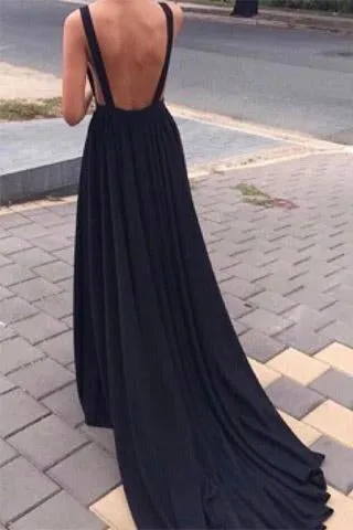 Black Backless Plunge V Neck A-line Prom Occasion Dress with Chapel Train