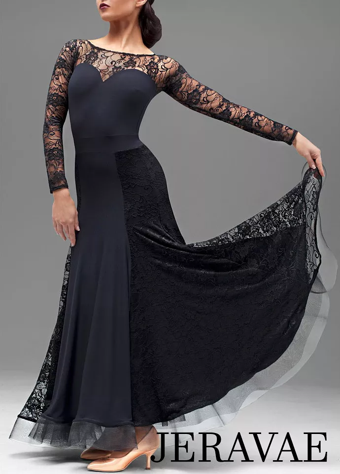 Black Ballroom Practice Dress with Long Lace Sleeves, Open Back, Lace Sections in Skirt, and Horsehair Hem Sizes S-4XL PRA 204_s