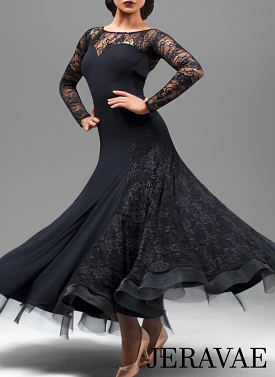 Black Ballroom Practice Dress with Long Lace Sleeves, Open Back, Lace Sections in Skirt, and Horsehair Hem Sizes S-4XL PRA 204_s