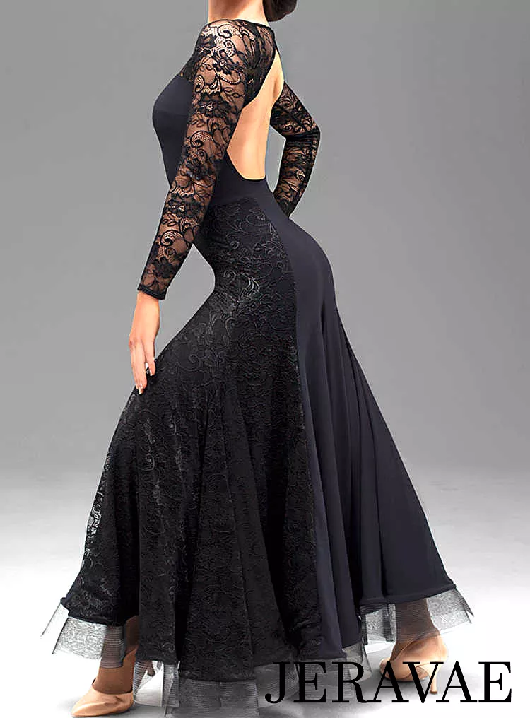 Black Ballroom Practice Dress with Long Lace Sleeves, Open Back, Lace Sections in Skirt, and Horsehair Hem Sizes S-4XL PRA 204_s