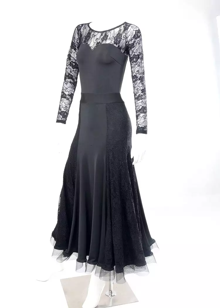 Black Ballroom Practice Dress with Long Lace Sleeves, Open Back, Lace Sections in Skirt, and Horsehair Hem Sizes S-4XL PRA 204_s