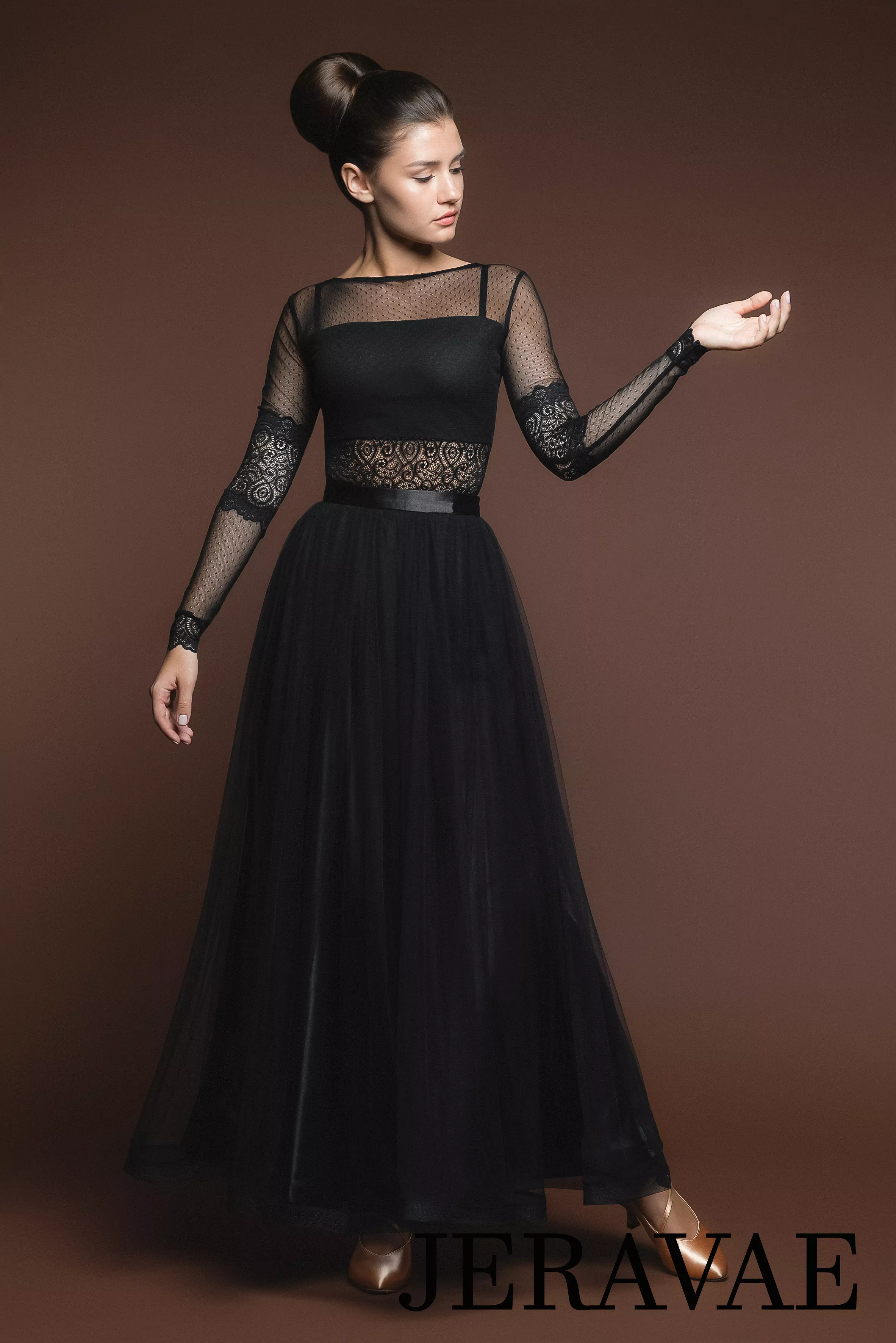 Black Ballroom Practice Skirt with Satin Waistband and Wrapped Horsehair Hem PRA 526_sale