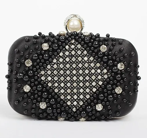 Black Beads Pearls Diamante Rectangular Fancy Evening Clutch Bag Purse Box