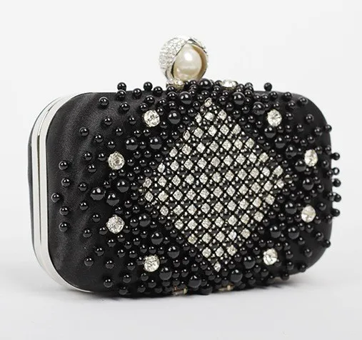 Black Beads Pearls Diamante Rectangular Fancy Evening Clutch Bag Purse Box