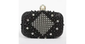 Black Beads Pearls Diamante Rectangular Fancy Evening Clutch Bag Purse Box