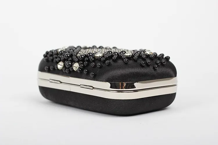 Black Beads Pearls Diamante Rectangular Fancy Evening Clutch Bag Purse Box