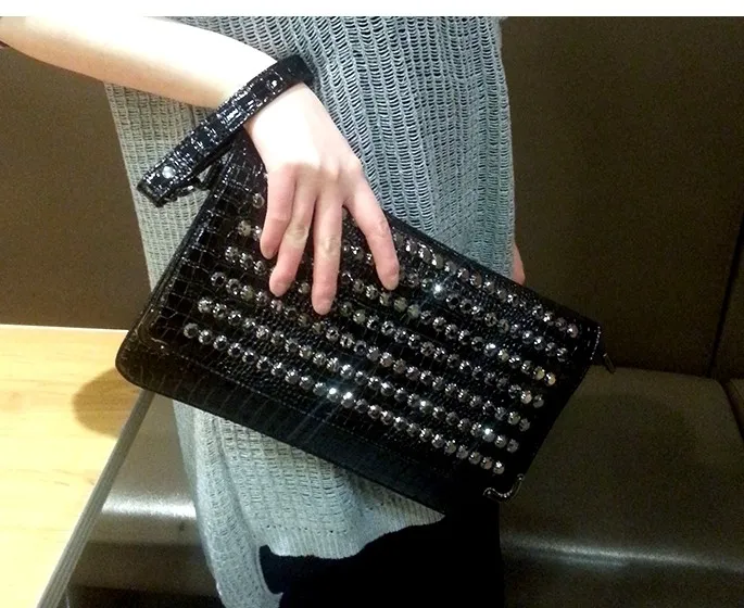 Black Blunt Studs Punk Rock Gothic Oversized Envelope Clutch Bag Purse   