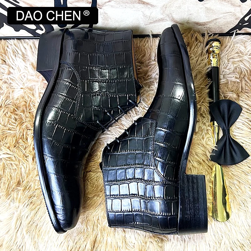 BLACK CROCODILE PRINT ANKLE LEATHER MAN BOOTS