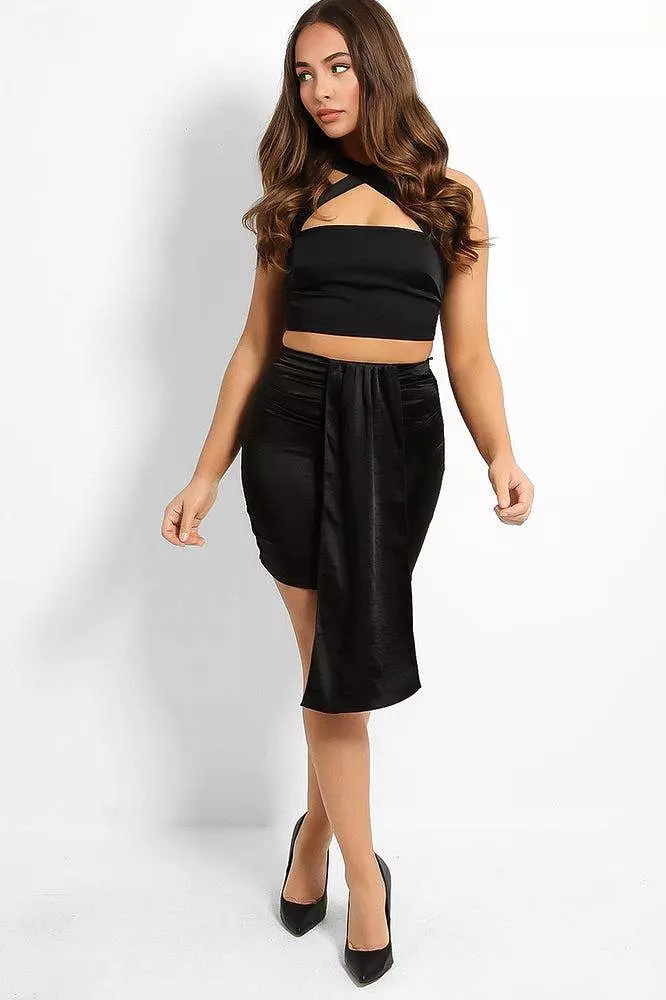 Black Crushed Satin Drape Detail Mini Skirt