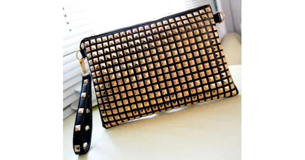 Black Gold Square Studs Punk Rock Gothic Oversized Envelope Clutch Bag Purse