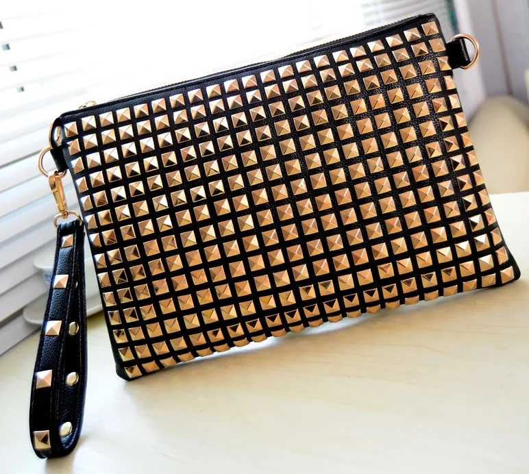 Black Gold Square Studs Punk Rock Gothic Oversized Envelope Clutch Bag Purse