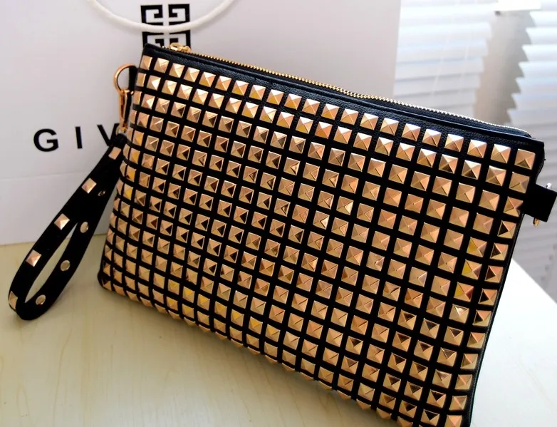 Black Gold Square Studs Punk Rock Gothic Oversized Envelope Clutch Bag Purse