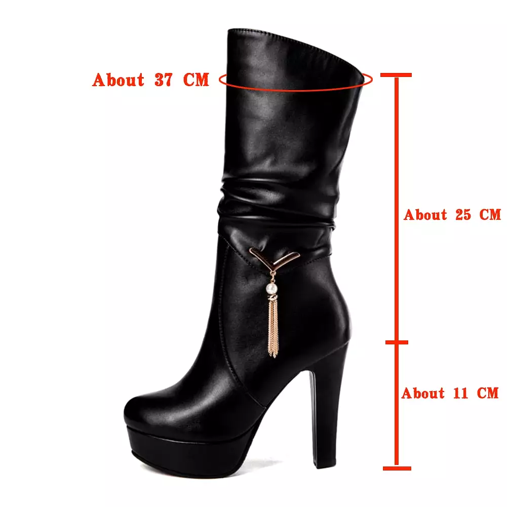 Black Pleated mid-calf Boots High Heels Shoes