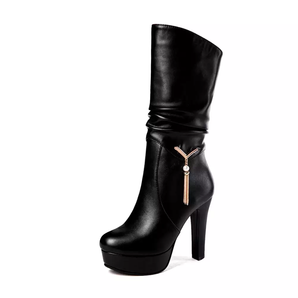 Black Pleated mid-calf Boots High Heels Shoes