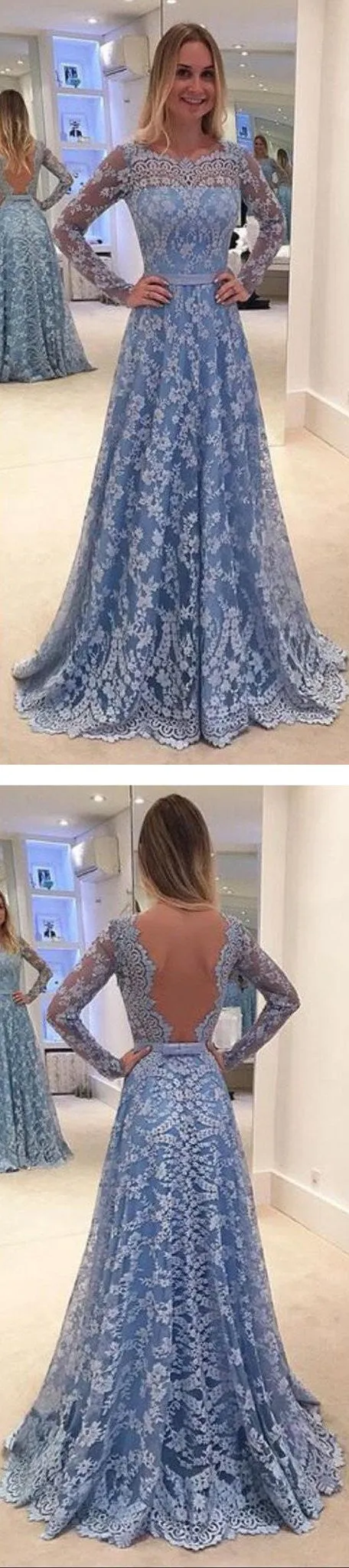 Blue Modest Lace Backless Long Sleeved Prom Dress