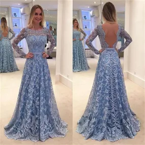 Blue Modest Lace Backless Long Sleeved Prom Dress