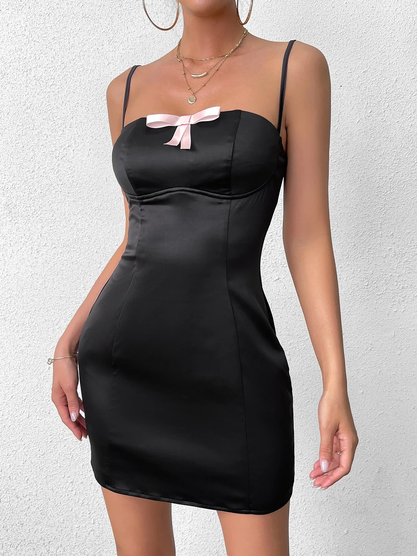 Bow Tie Front Satin Backless Cami Dress