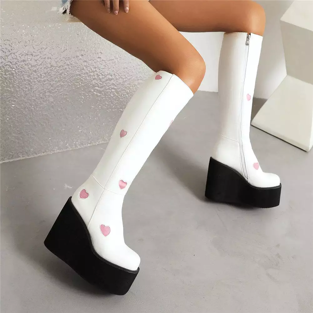 Brand New Female Platform Knee High Boots Fashion Heart Wedges High Heels boot