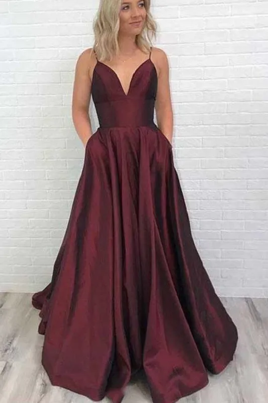 Burgundy Backless Graduation Prom Dress with Pockets